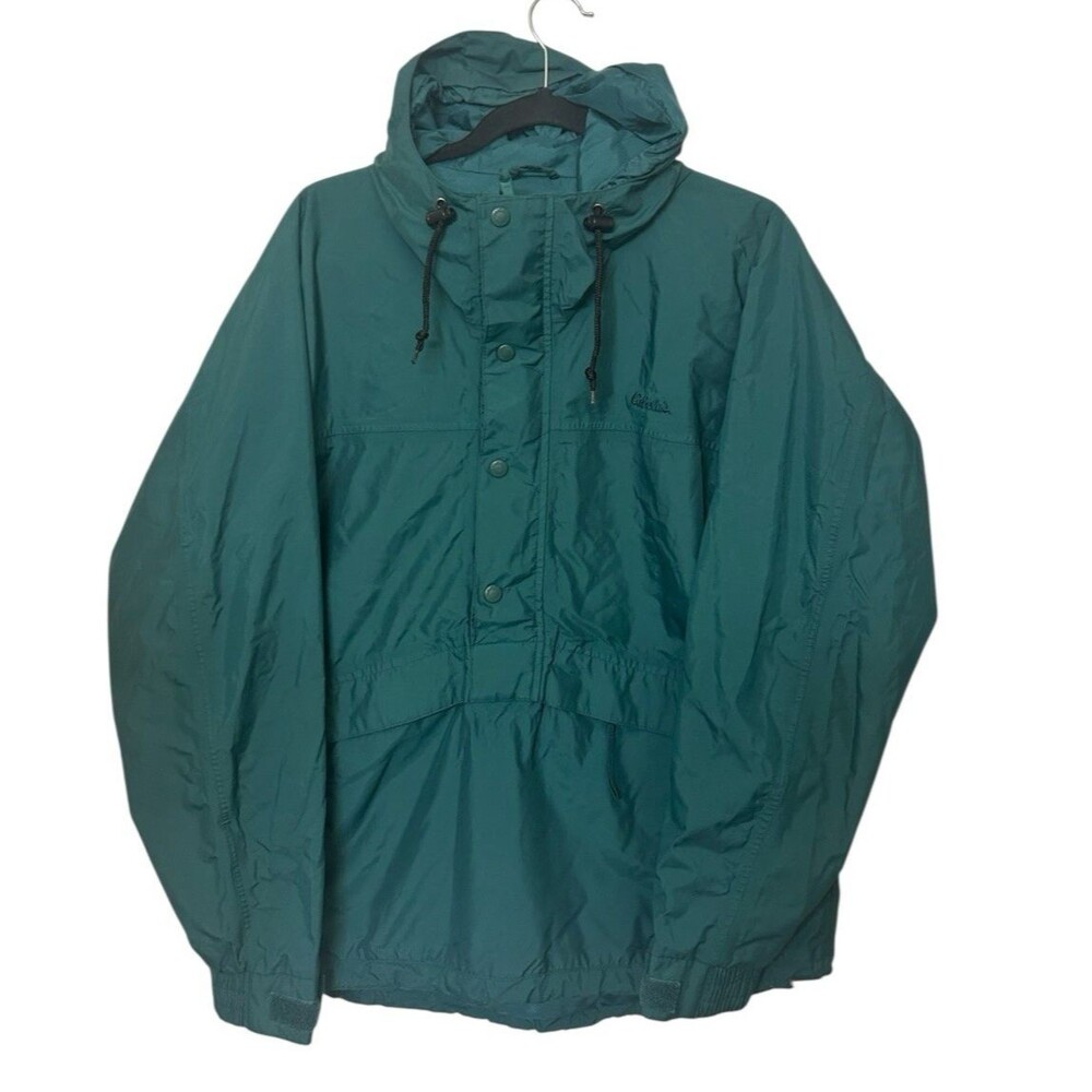 Cabela’s Outdoor Gear Mens M Green 1/4 Zip Snap Button Nylon Hooded Jacket